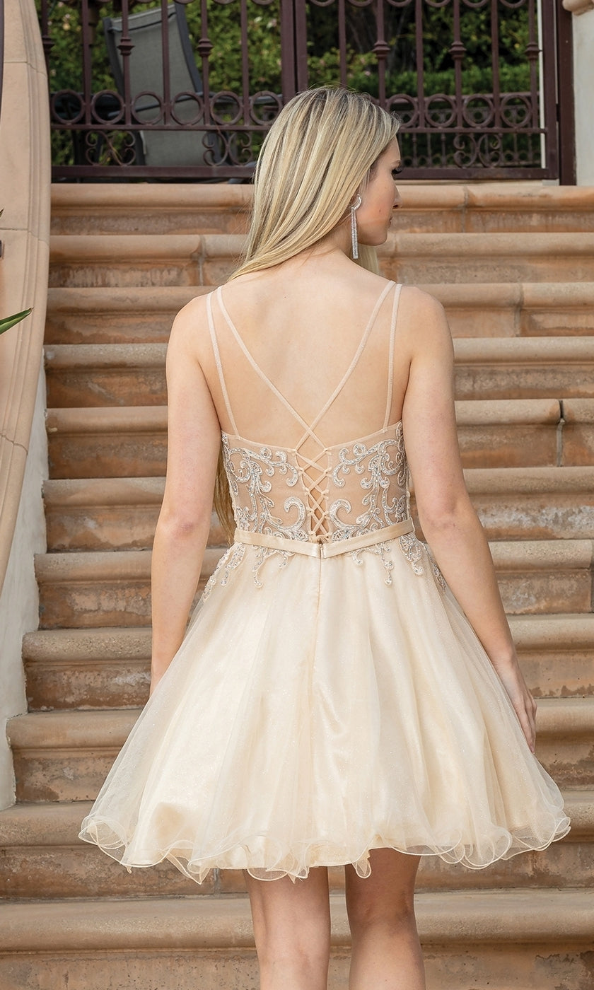 A woman with blonde hair stands on stone steps, facing away, wearing the Lace-Up-Back Short Babydoll Homecoming Dress 3315 featuring a beaded corset bodice and silver embroidery.